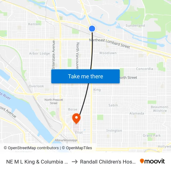 NE M L King & Columbia Blvd to Randall Children's Hospital map