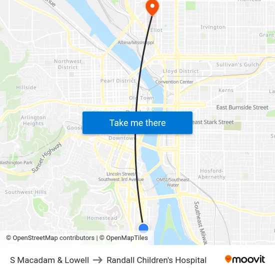 S Macadam & Lowell to Randall Children's Hospital map