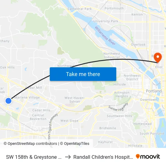 SW 158th & Greystone Ct to Randall Children's Hospital map