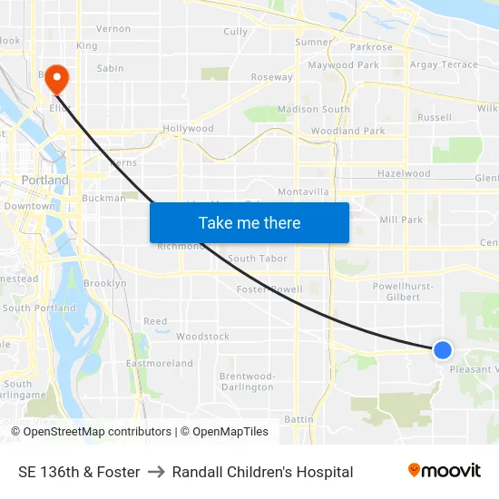 SE 136th & Foster to Randall Children's Hospital map