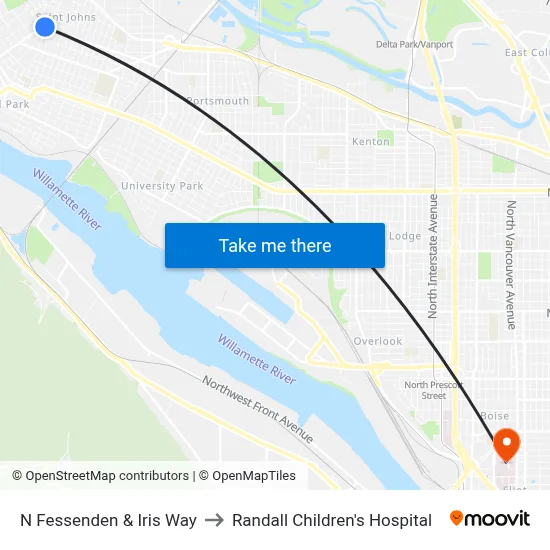N Fessenden & Iris Way to Randall Children's Hospital map