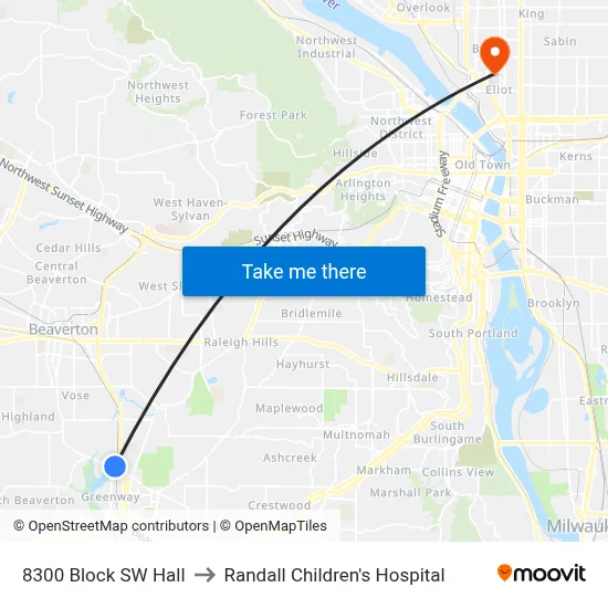 8300 Block SW Hall to Randall Children's Hospital map