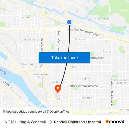 NE M L King & Winchell to Randall Children's Hospital map
