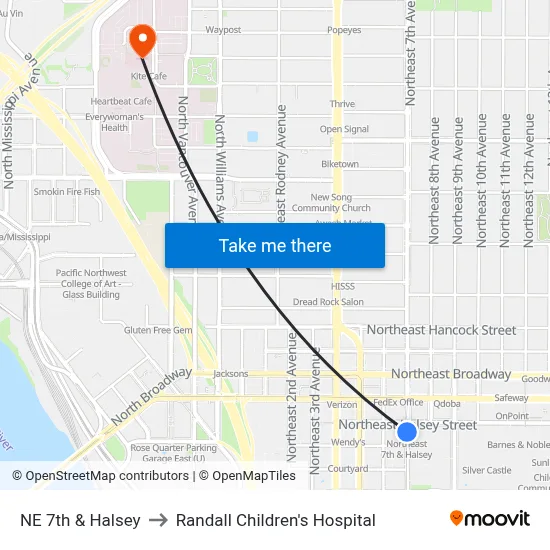NE 7th & Halsey to Randall Children's Hospital map