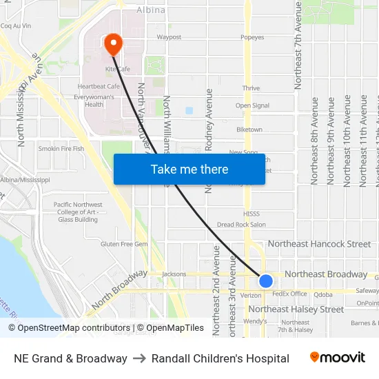 NE Grand & Broadway to Randall Children's Hospital map