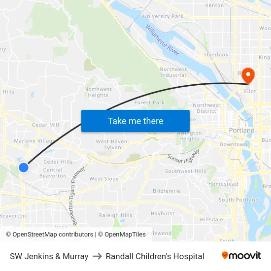 SW Jenkins & Murray to Randall Children's Hospital map