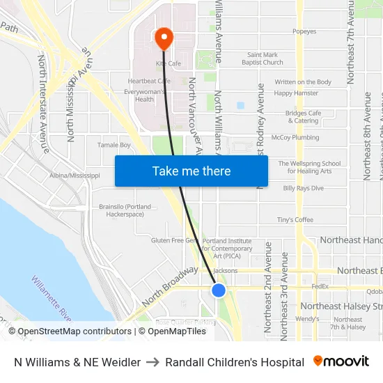 N Williams & NE Weidler to Randall Children's Hospital map