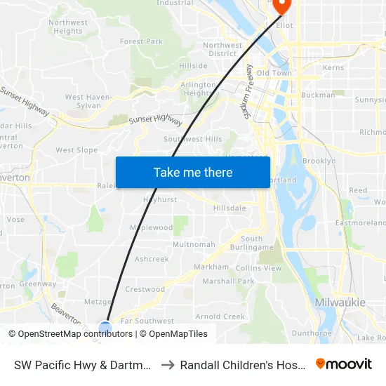 SW Pacific Hwy & Dartmouth to Randall Children's Hospital map