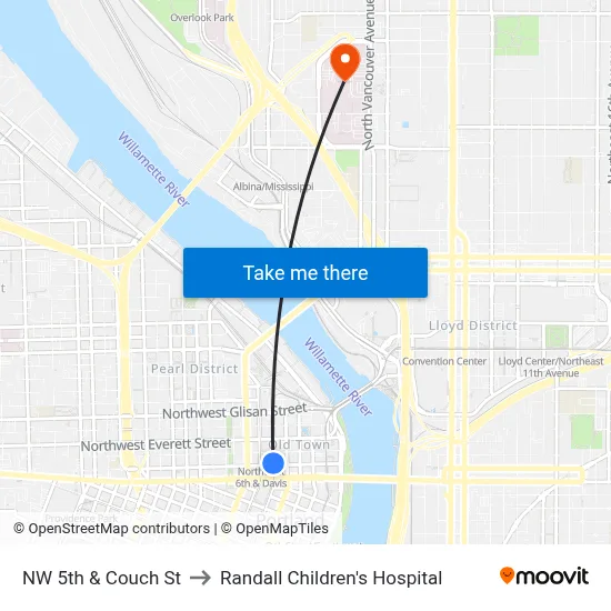 NW 5th & Couch St to Randall Children's Hospital map