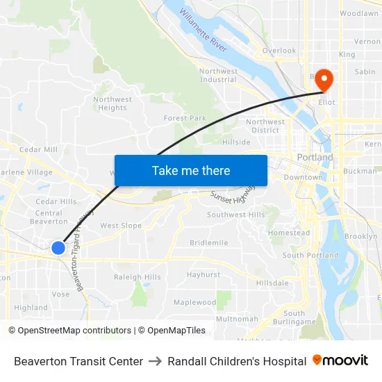 Beaverton Transit Center to Randall Children's Hospital map