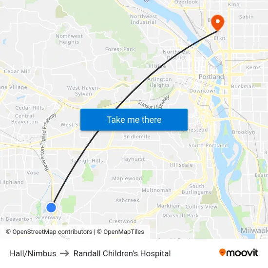 Hall/Nimbus to Randall Children's Hospital map