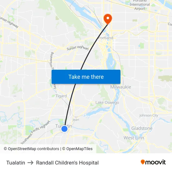 Tualatin to Randall Children's Hospital map