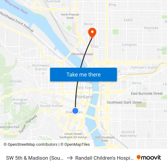 SW 5th & Madison (South) to Randall Children's Hospital map