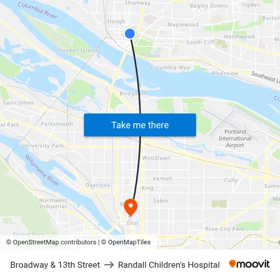 Broadway & 13th Street to Randall Children's Hospital map