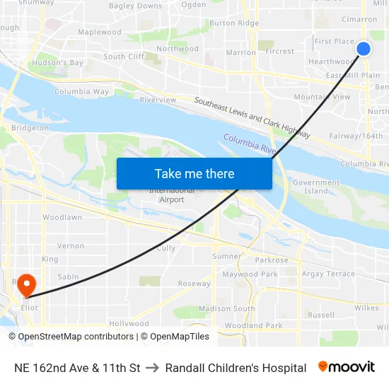 NE 162nd Ave & 11th St to Randall Children's Hospital map