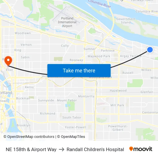 NE 158th & Airport Way to Randall Children's Hospital map