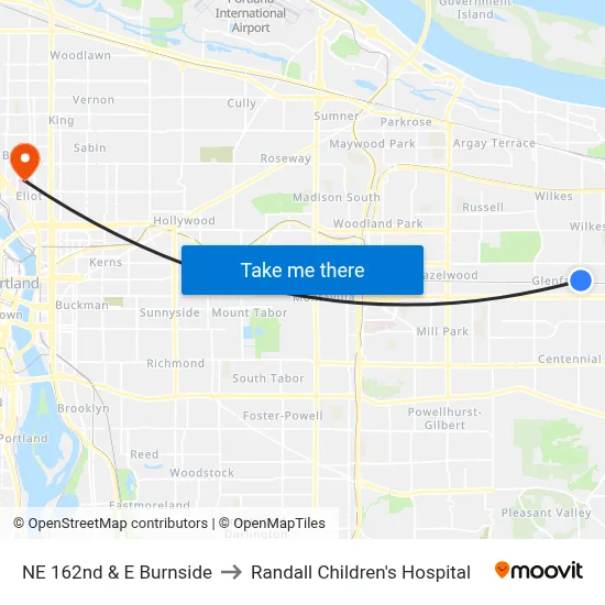 NE 162nd & E Burnside to Randall Children's Hospital map