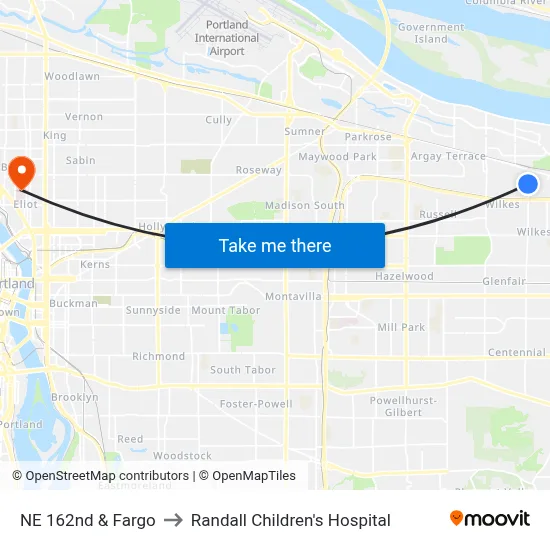 NE 162nd & Fargo to Randall Children's Hospital map