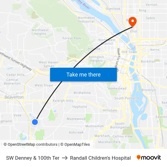 SW Denney & 100th Ter to Randall Children's Hospital map