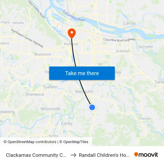 Clackamas Community College to Randall Children's Hospital map