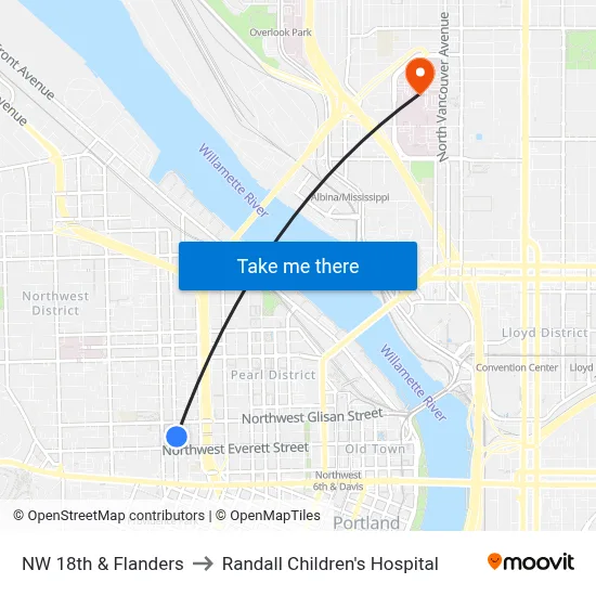 NW 18th & Flanders to Randall Children's Hospital map