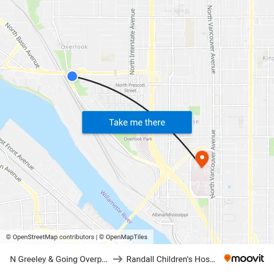 N Greeley & Going Overpass to Randall Children's Hospital map