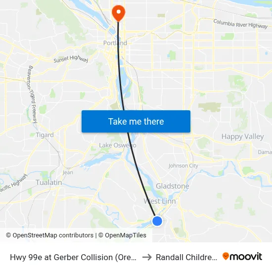 Hwy 99e at Gerber Collision (Oregon City, Northbound) to Randall Children's Hospital map