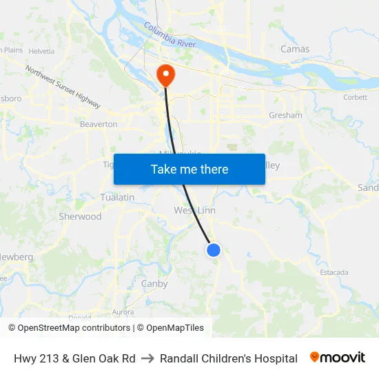 Hwy 213 & Glen Oak Rd to Randall Children's Hospital map