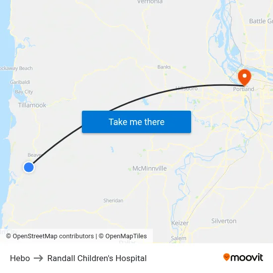 Hebo to Randall Children's Hospital map