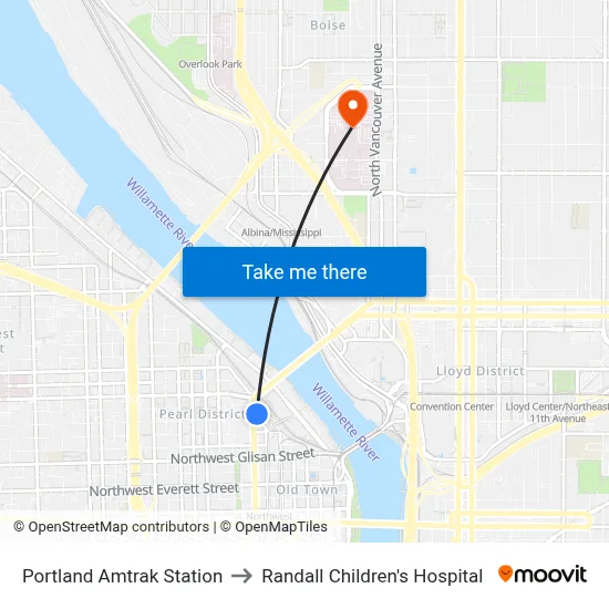 Portland Amtrak Station to Randall Children's Hospital map