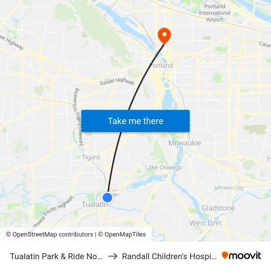 Tualatin Park & Ride North to Randall Children's Hospital map