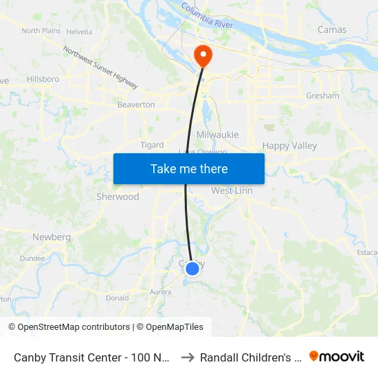 Canby Transit Center - 100 NE 1st Avenue to Randall Children's Hospital map