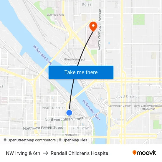 NW Irving & 6th to Randall Children's Hospital map