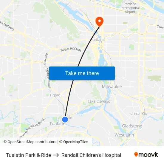 Tualatin Park & Ride to Randall Children's Hospital map