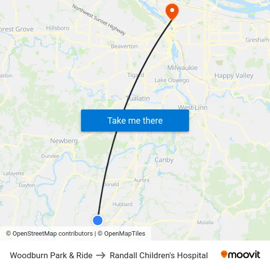 Woodburn Park & Ride to Randall Children's Hospital map