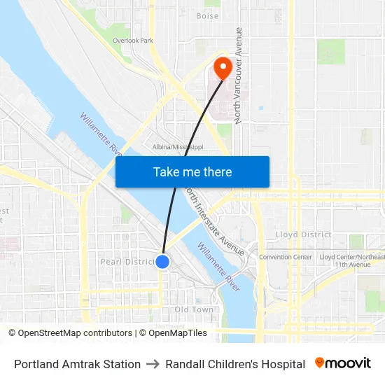 Portland Amtrak Station to Randall Children's Hospital map