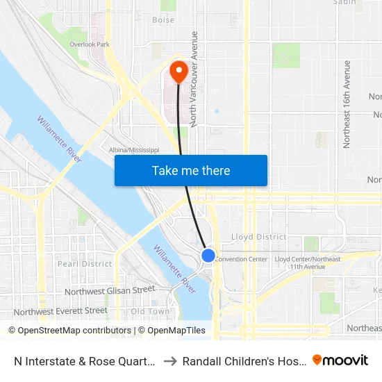 N Interstate & Rose Quarter TC to Randall Children's Hospital map