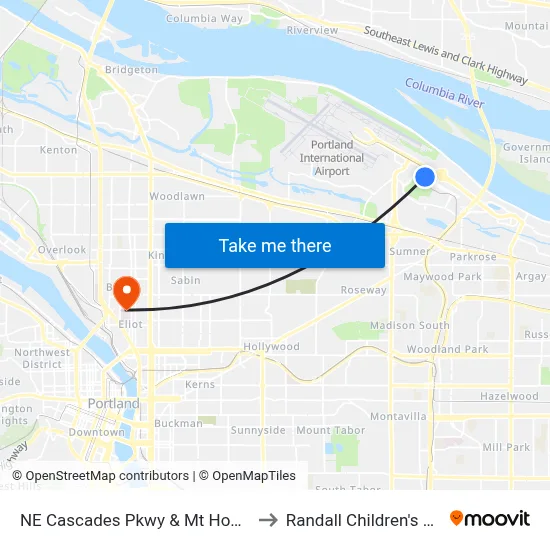 NE Cascades Pkwy & Mt Hood Max Stn to Randall Children's Hospital map