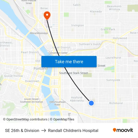 SE 26th & Division to Randall Children's Hospital map