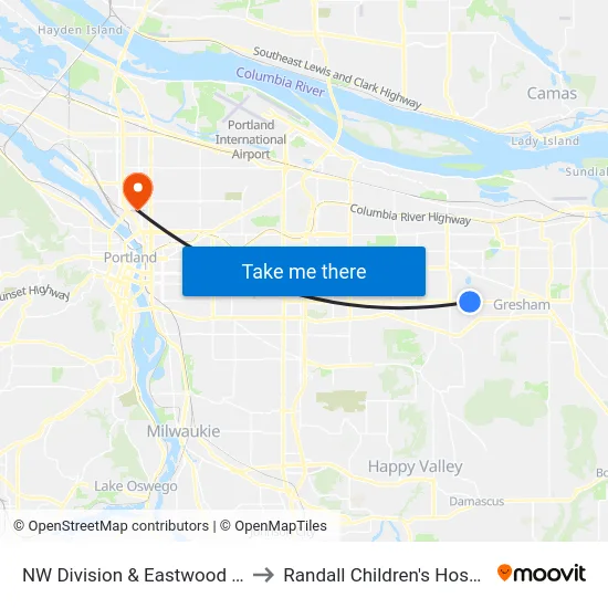 NW Division & Eastwood Ave to Randall Children's Hospital map