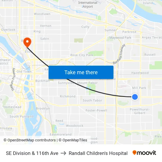 SE Division & 116th Ave to Randall Children's Hospital map