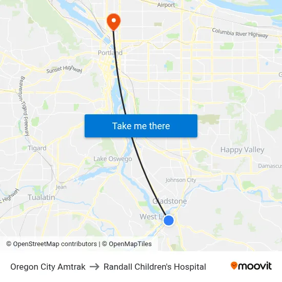 Oregon City Amtrak to Randall Children's Hospital map