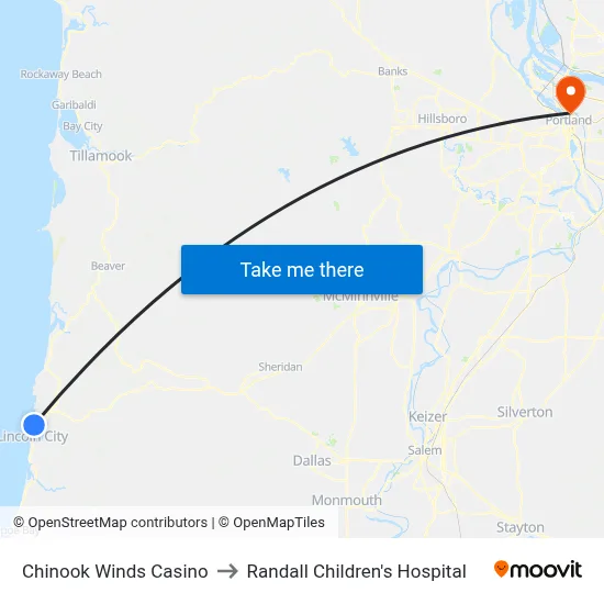 Chinook Winds Casino to Randall Children's Hospital map
