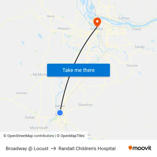 Broadway @ Locust to Randall Children's Hospital map