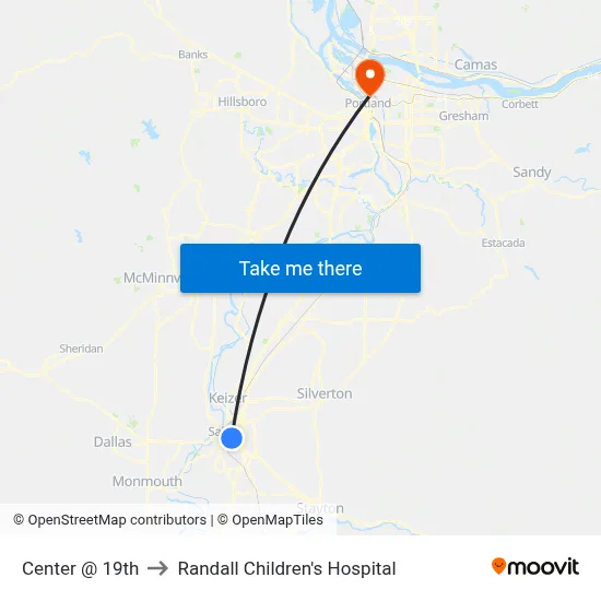 Center @ 19th to Randall Children's Hospital map