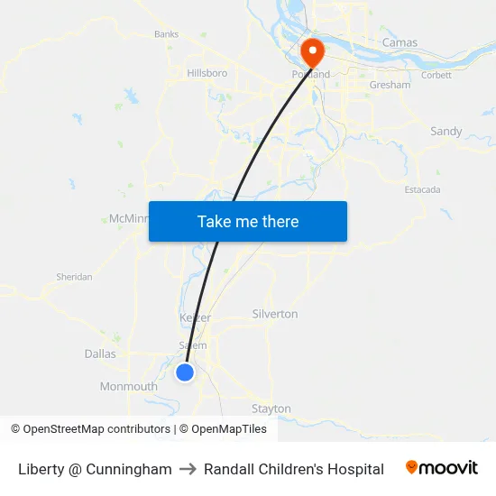 Liberty @ Cunningham to Randall Children's Hospital map