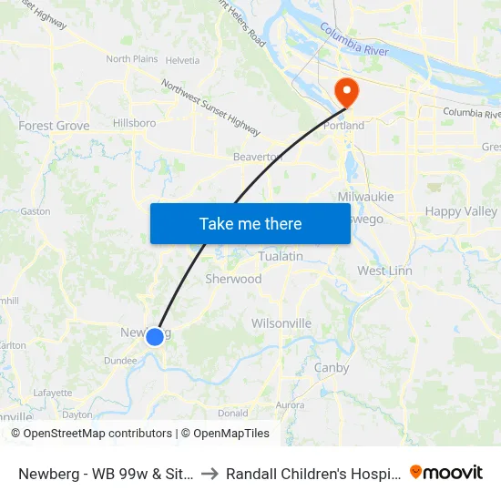 Newberg - WB 99w & Sitka to Randall Children's Hospital map