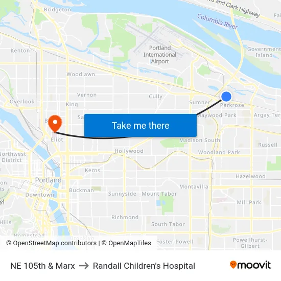 NE 105th & Marx to Randall Children's Hospital map