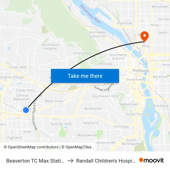 Beaverton TC Max Station to Randall Children's Hospital map