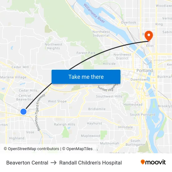 Beaverton Central to Randall Children's Hospital map
